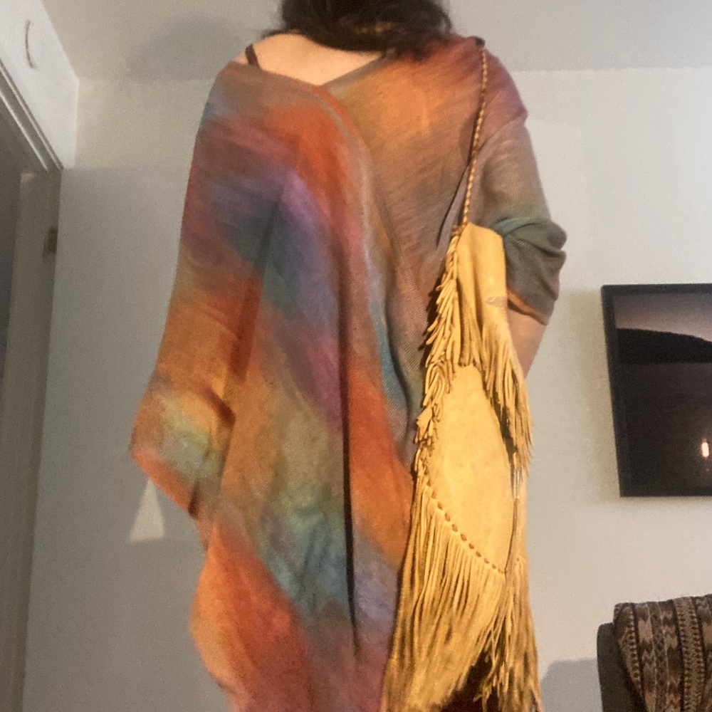 Vtg HAND WOVEN Silk poncho infinity scarf 70’s 60’s rainbow fringe bohemian art - Picture 2 of 5